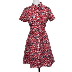 1901 Dress Floral Collared Button-Down Shirtdress Red Blue White 50's Style Sz M